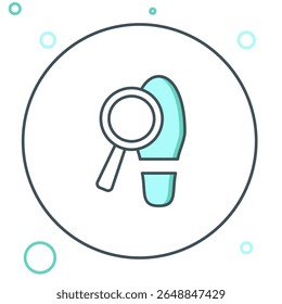Linha Lupa com ícone de passos isolado no fundo branco. Detetive está investigando. Para seguir os passos. Conceito de contorno colorido. Vetor