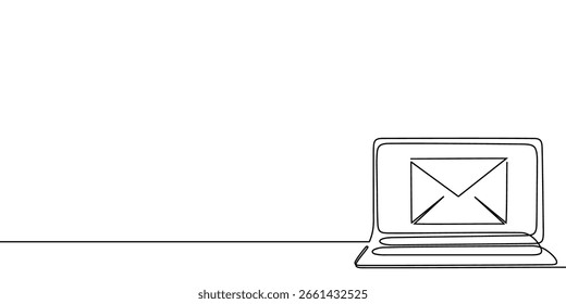 Line mail art continuous one icon email letter vector paper message. Continuous mail line sketch newsletter outline contact plane illustration business single doodle arrow journey travel send fly post