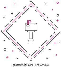 Icono del cuadro Correo de línea aislado en fondo blanco. Icono de buzón. Postal de correo en el poste con la bandera. Concepto de esquema colorido. Ilustración vectorial