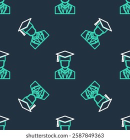 Line Male graduate student profile with gown and graduation cap icon isolated seamless pattern on black background.  Vector