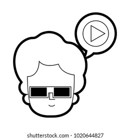 line man head with 3d glasses with video inside chat bubble