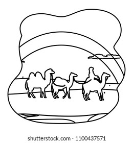 line man riding dromedary with camel in the desert