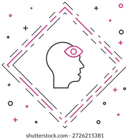 Homem de linha com terceiro ícone de olho isolado no fundo branco. O conceito de meditação, visão de energia, aura. Conceito de contorno colorido. Vetor