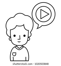 line man with t-shirt and video inside chat bubble