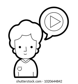 line man with t-shirt and video inside chat bubble