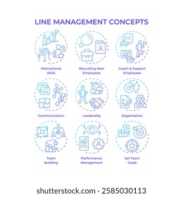 Line management blue gradient concept icons. Corporate career. Goods production and delivery employees supervision. Icon pack. Vector images. Round shape illustrations for presentation. Abstract idea