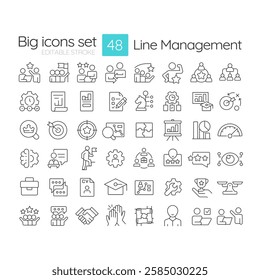 Line management linear icons set. Employees of manufacture and delivery supervision. Business career. Customizable thin line symbols. Isolated vector outline illustrations. Editable stroke