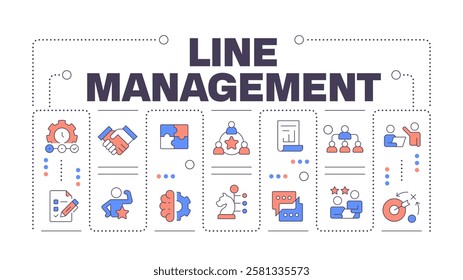 Line management word concept isolated on white. Controlling work of production and delivery employees. Creative illustration banner surrounded by editable line colorful icons
