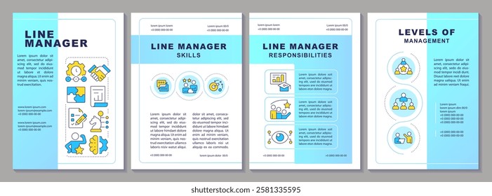Line manager blue gradient brochure template. Corporate processes regulation job. Business career. Leaflet design with linear icons. Editable 4 vector layouts