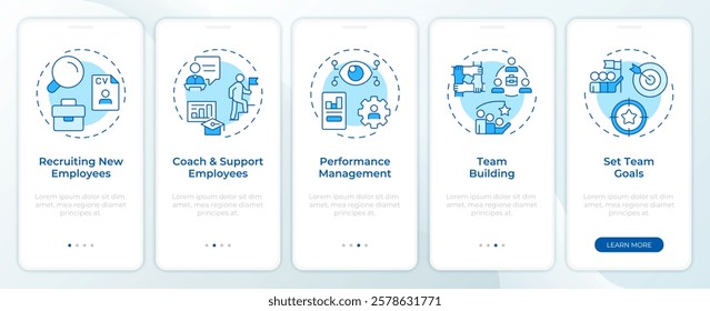 Line manager responsibilities blue onboarding mobile app screen. Walkthrough 5 steps editable graphic instructions with linear concepts. UI, UX, GUI template