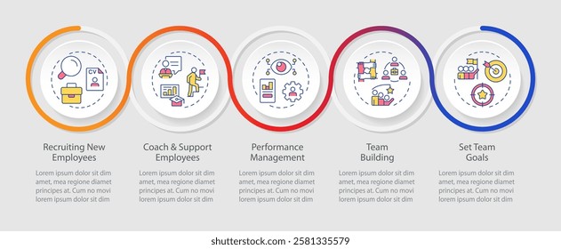 Line manager responsibilities infographic circles flowchart. Career on business company. Visualization diagram with 5 steps. Circular info graphic editable