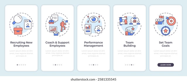 Line manager responsibilities onboarding mobile app screen. Walkthrough 5 steps editable graphic instructions with linear concepts. UI, UX, GUI template