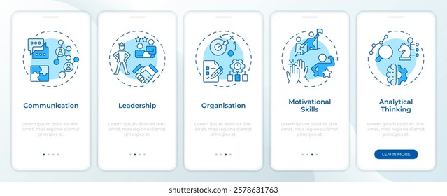 Line manager skills blue onboarding mobile app screen. Corporate. Walkthrough 5 steps editable graphic instructions with linear concepts. UI, UX, GUI template