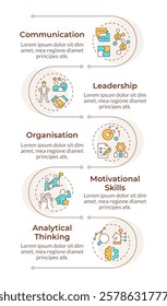 Line manager skills infographic vertical sequence. Professional leader talents. Corporate business. Visualization infochart with 5 steps. Circles workflow