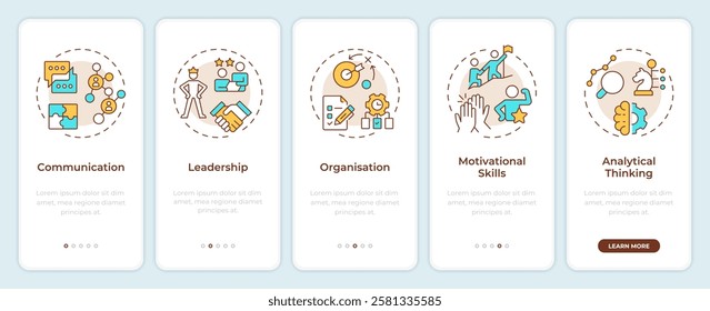 Line manager skills onboarding mobile app screen. Corporate. Walkthrough 5 steps editable graphic instructions with linear concepts. UI, UX, GUI template