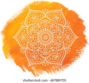 Line mandala on orange paint spot. Indian ornament. Decorative element. Abstract vector background.