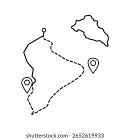 Line map with location markers route on background, Handdrawn destination