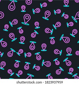 Line Map pin icon isolated seamless pattern on black background. Navigation, pointer, location, map, gps, direction, place, compass, search concept.  Vector Illustration