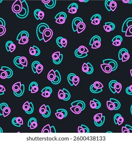 Line Map pin icon isolated seamless pattern on black background. Navigation, pointer, location, map, gps, direction, place, compass, search concept.  Vector