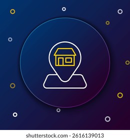 Line Map pin with Shopping building or market store icon isolated on blue background. Shop construction. Colorful outline concept. Vector