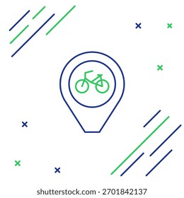 Ponteiro de Mapa de Linha com ícone de bicicleta isolado no fundo branco. Conceito de contorno colorido. Vetor