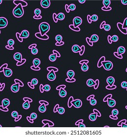 Line Map pointer with heart icon isolated seamless pattern on black background. Valentines day. Love location. Romantic map pin.  Vector