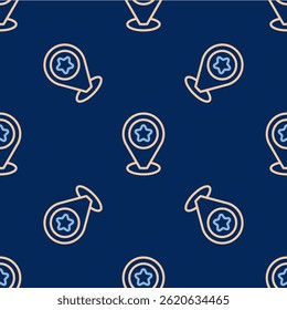 Line Map pointer with star icon isolated seamless pattern on blue background. Star favorite pin map icon. Map markers.  Vector