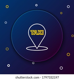 Line Map pointer with taxi icon isolated on blue background. Location symbol. Colorful outline concept. Vector
