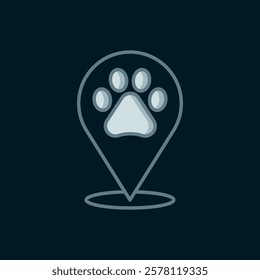 Line Map pointer with veterinary medicine hospital, clinic or pet shop for animals icon isolated on black background. Vet or veterinarian clinic. Flat filled outline style with shadow. Vector