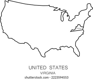 mapa de línea de la plantilla de icono de ilustración del vector virginia del estado de los Estados Unidos trazo editable