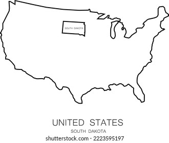 mapa de línea del icono de ilustración del vector de dakota sur del estado de los Estados Unidos trazo editable