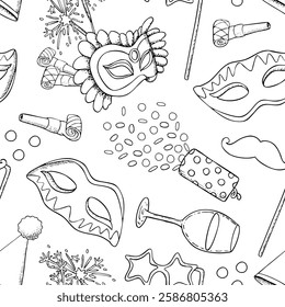 Line Mardi Gras masquerade and carnival symbols black and white vector seamless pattern with masks, confetti poppers and star glasses on stick. Hand drawn background for kids Purim coloring book