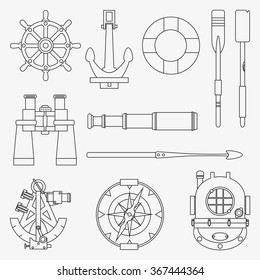 Line marine icons set. Nautical design elements: anchor, wheel, lifebuoy, compass, harpoon, paddle, diving helmet, sextant, binoculars, telescope. Sea vector illustration collection.