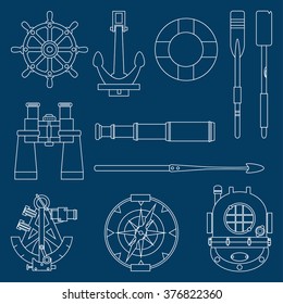 Line marine icons set. Nautical vector design elements: anchor, wheel, lifebuoy, compass, harpoon, paddle, diving helmet, sextant, binoculars, telescope.