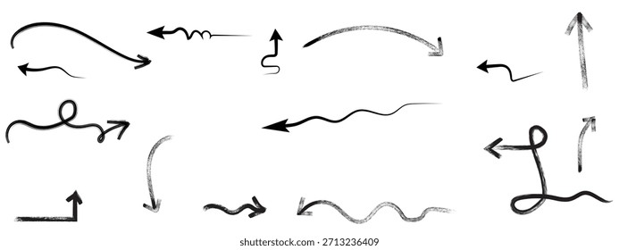 Seta de pincel com marcador de linha, coleção de seta preta com caneta em folha de papel xadrez. Crayon desenhado à mão várias setas, curvas, onduladas e linhas retas. Ponteiros de direção para notas, rabiscar e desenho escolar,