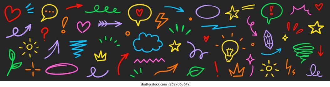 Line marker hand color brush icon set. Arrow stroke sketch pencil underline drawn element colorful shape for text design. Hand drawn heart crown star symbol with playful doodle. Vector illustration
