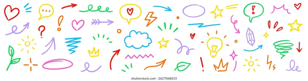 Line marker hand color brush icon set. Arrow stroke sketch pencil underline drawn element colorful shape for text design. Hand drawn heart crown star symbol with playful doodle. Vector illustration
