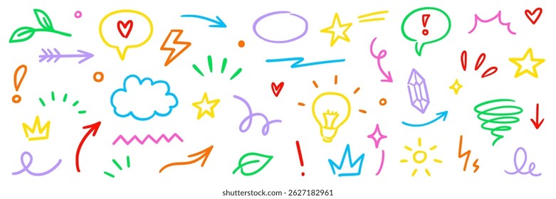 Line marker hand color brush icon set. Arrow sketch stroke underline pencil shape colorful highlight for text or design. Hand drawn star crown heart with playful doodle style. Vector illustration.