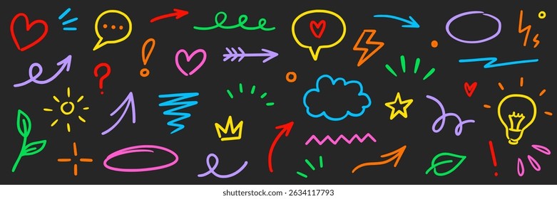Line marker hand color brush icon set. Arrow stroke sketch pencil underline drawn element colorful shape for text design. Hand drawn heart crown star symbol with playful doodle. Vector illustration