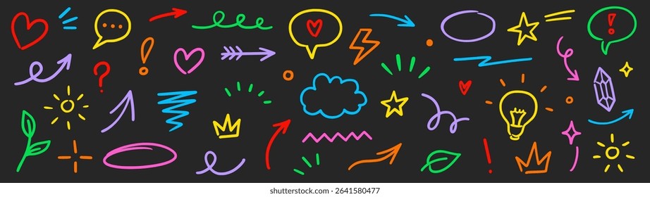 Line marker hand color brush icon set. Arrow sketch stroke underline pencil shape colorful highlight for text or design. Hand drawn star crown heart with playful doodle style. Vector illustration.