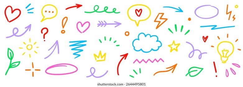 Line marker hand color brush icon set. Arrow stroke sketch pencil underline drawn element colorful shape for text design. Hand drawn heart crown star symbol with playful doodle. Vector illustration