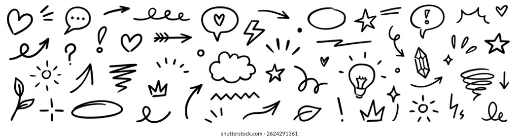 Line marker hand drawn brush arrow element set. Sketch pencil stroke vector graphic pen underline scribble icon. Hand drawn line heart, crown, star symbol highlight marker shape. Vector illustration