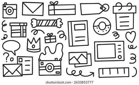 Line marker hand drawn brush element set. Sketch pencil stroke vector graphic pen underline scribble icon. Hand drawn line heart, crown, star symbol highlight marker shape. Vector illustration