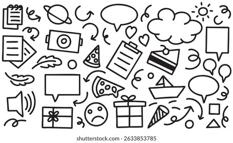 Line marker hand drawn brush element set. Sketch pencil stroke vector graphic pen underline scribble icon. Hand drawn line heart, crown, star symbol highlight marker shape. Vector illustration