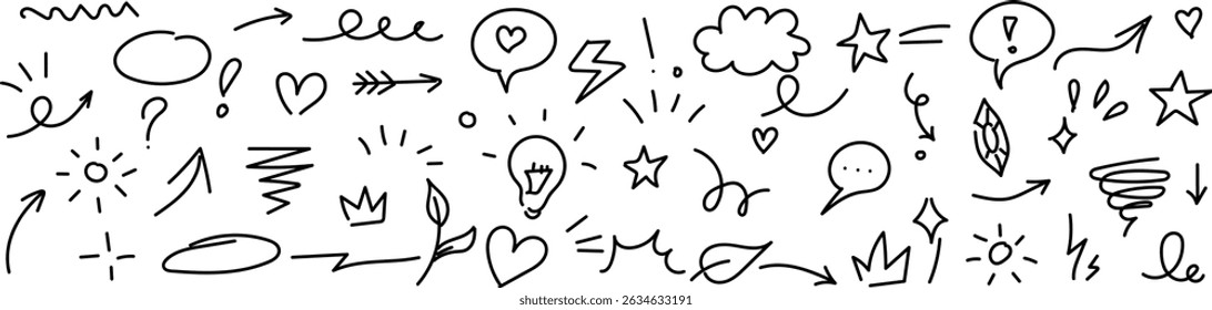 Line marker hand drawn brush arrow element set. Sketch pencil stroke vector graphic pen underline scribble icon. Hand drawn line heart