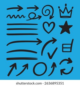 Line marker hand drawn brush arrow element set. Sketch pencil stroke vector graphic pen underline scribble icon. Hand drawn line heart, crown, star symbol highlight marker shape. Vector illustration