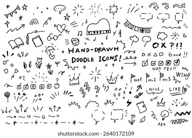 Line marker hand drawn brush arrow element set. Sketch pencil stroke vector graphic pen underline scribble icon. Hand drawn line heart, crown, star symbol highlight marker shape. Vector illustration