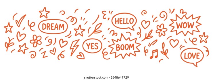 Line marker hand drawn brush arrow element set. Sketch pencil stroke vector graphic pen underline scribble icon. Hand drawn line heart, crown, star symbol highlight marker shape. Vector illustration