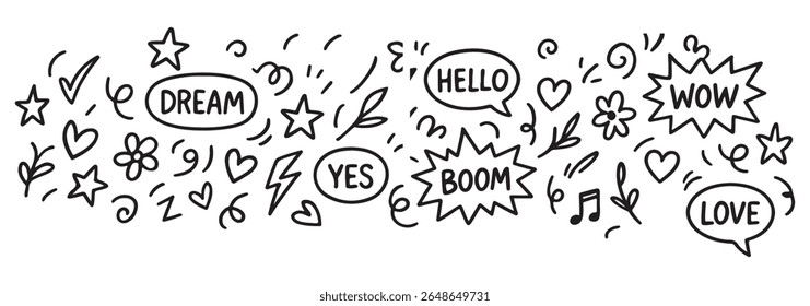 Line marker hand drawn brush arrow element set. Sketch pencil stroke vector graphic pen underline scribble icon. Hand drawn line heart, crown, star symbol highlight marker shape. Vector illustration