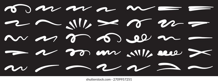 Line marker hand drawn brush arrow element set. Sketch pencil stroke vector graphic pen underline scribble icon. Hand drawn line heart, crown, star symbol highlight marker shape. eps 10